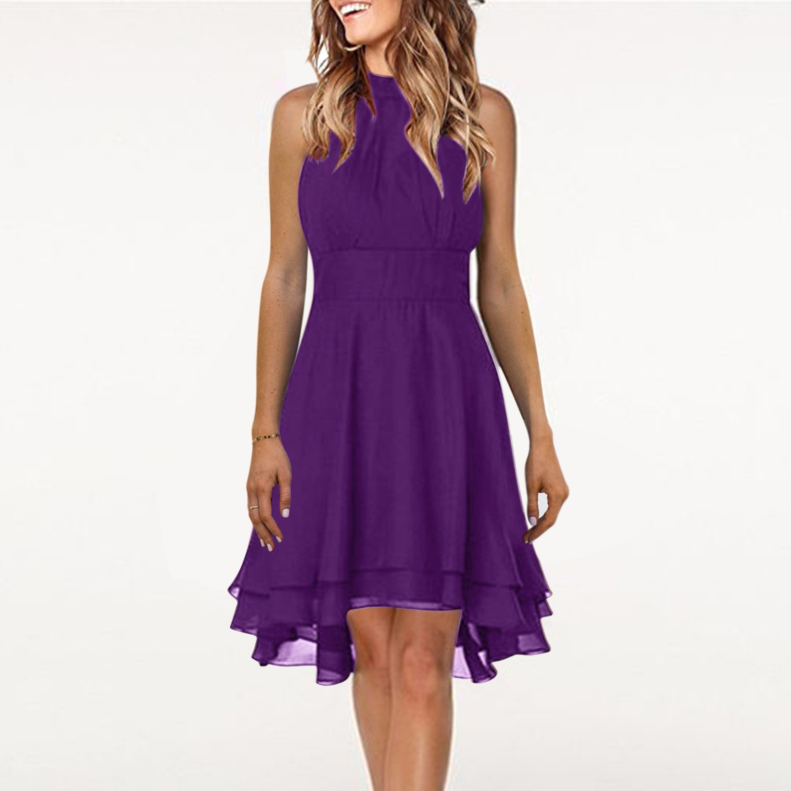 thumbnail image 2 of Vestido informal de verano para mujer, liso, con cuello halter, botones, encaje de gasa y corte en A. Sin mangas, ligero y transpirable, ideal para el día a día y para looks informales., 2 of 5